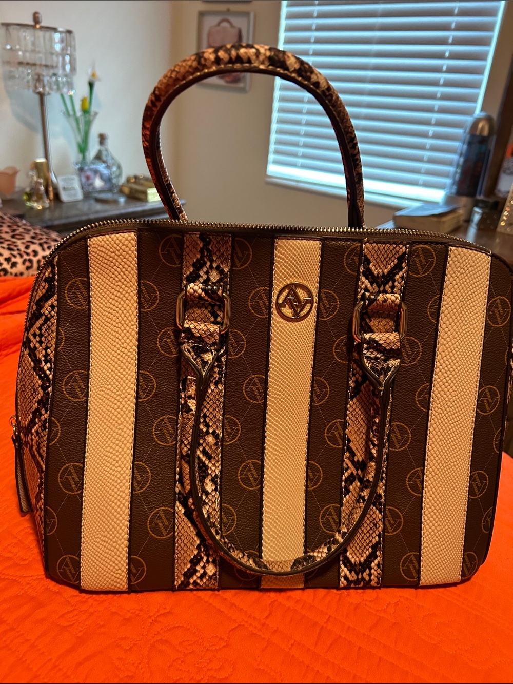 Adrienne Vittadini Brown & Cream Striped Satchel with Snakeskin Accents